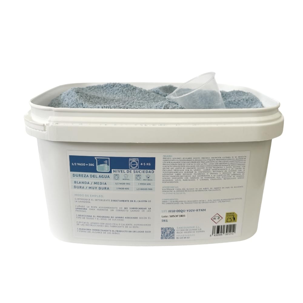 SanisWash, Detergente en Polvo con Oxígeno Activo, Detergente para Lavadora, Eficaz Incluso a 20º, Elimina el Olor en la Ropa Deportiva, Ropa Limpia y Fresca, 165 Lavados, 5Kg