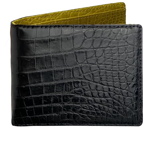 Image of HATA Black Yellow Bifold Leather Wallet for Men, Exotic Double-Sided Leather Wallet with RFID Blocking & ID Window Credit Card Holder, Handmade Gift for Birthday, Anniversary, Father's Day VILE-219