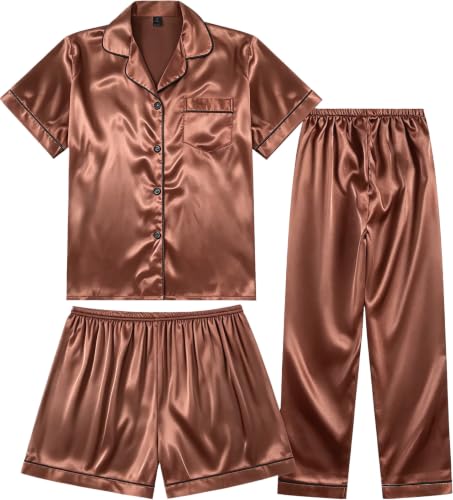 Image of 3 Piece Silk Satin Pajama Set for Women Soft Short Sleeve Button Down Pjs with Shorts Long Pants Sleepwear S-XXXL