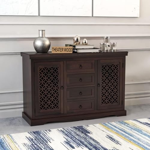 Image of Solid Sheesham Wood Sideboard and Cabinets | Wooden Side Board Media Console Tv Cabinet for Living Room | Free Standing Cabinet with 4 Drawers & 2 Door Cabinet Storage | Walnut Finish