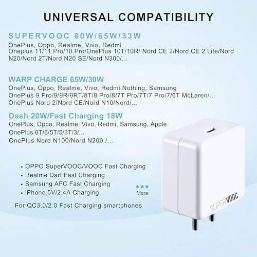 Image of Original 80W Adapter USB-A Compatible with OnePlus Nord N200 Nord N100 OnePlus Ace Pro OnePlus 9 Pro OnePlus 10 Pro OnePlus 10T 5G with SIX Months Replacement Warranty