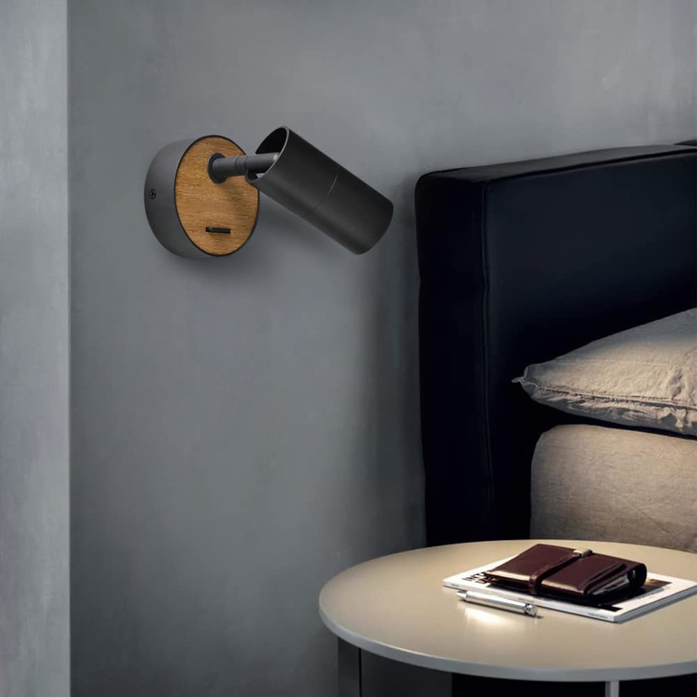 Schwarz Wandlampe mit Schalter,2 Pack Holz Wandleuchte Retro Wandspot aus Aluminium Lampenschirm Drehbar,Wandleuchte innen Kompakt Bett Schlafzimmer Wohnzimmer,GU10