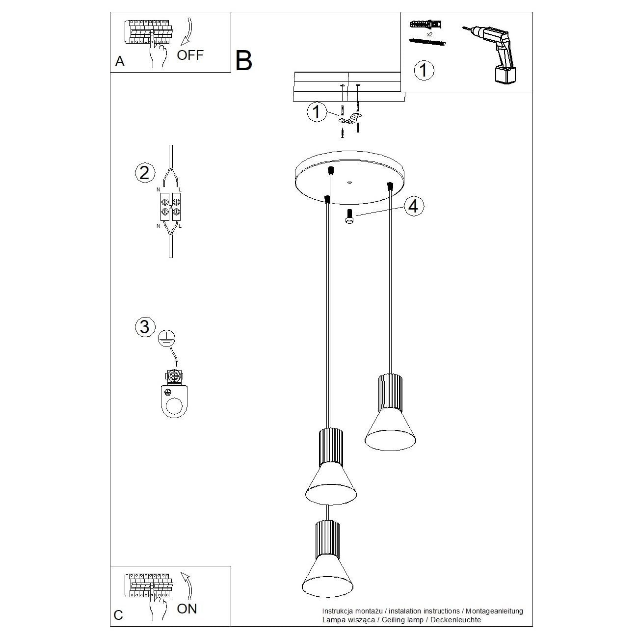 SOLLUX lighting Lampada a Sospensione - Lampada a Pendolo - Lampada da Soffitto Acciaio Alluminio - 3 Paralumi - Lampada LED Lampadina - Beige Verde Oliva Estria