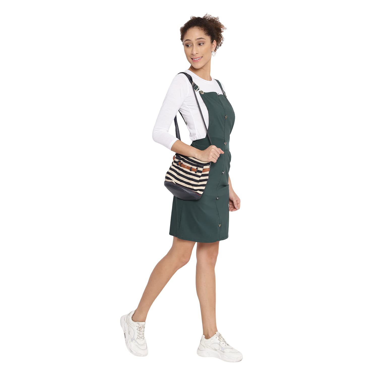 Women's Cotton Front Button Two Piece Dungaree Pinafore Dress with Top