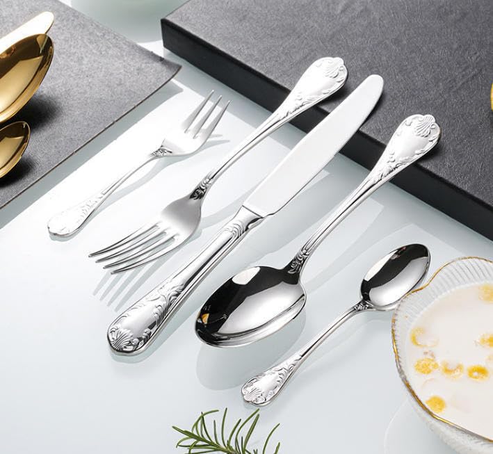 Ce Service de Couverts Comprend 10 cuillères et fourchettes en Acier Inoxydable avec Manches sculptés à Motifs décoratifs. Un Ensemble Luxueux et Unique pour la Maison. Couleur Argent. 32 pi