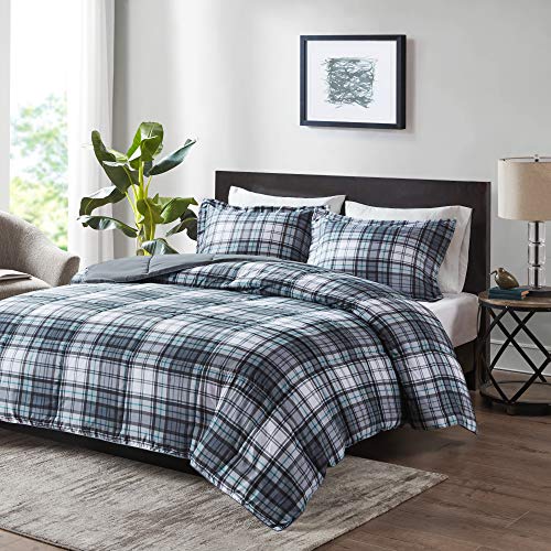 Image of Madison Park Essentials Parkston Plaid Comforter Set Soft Brushed Microfiber College Bedding, 3M Scotchguard Stain Release Cover, Modern All Season Cabin Bedding, King /Cal King, Grey, 3 Piece