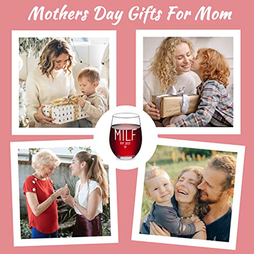 Dazlute Mothers Day Gifts, Milf Est 2023 Stemless Wine Glass For New Mom First Time Mom Pregnant Mom Mom To Be Women Wife Friends, New Mom Gifts For Mothers Day Baby Shower Christmas Birthday, 17Oz #TOP3