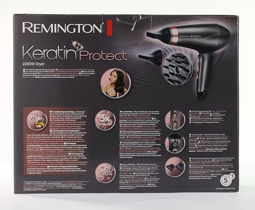 Remington suszarka do włosów z jonizacją, keratynowa z olejkiem z migdałów, 3 ust. nagrzewania, 2 koncentratory i dyfuzor, łatwa do czyszczenia, moc 2200W, szara, Keratin Protect AC8820
