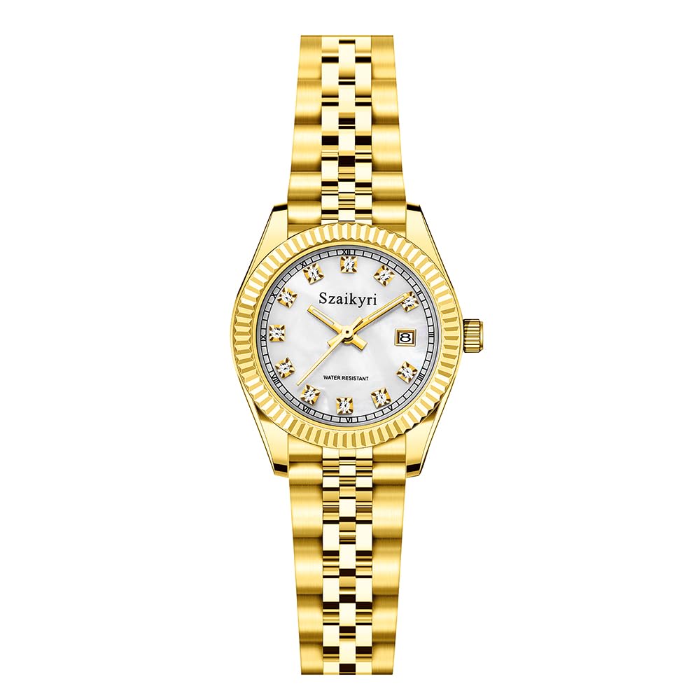 Szaikyri Klassiek horloge voor vrouwen met massief roestvrij stalen band dames jurk horloge dames kalender horloge, Goud Wit, womens standard, Klassiek