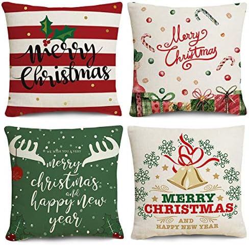 Jjyee Christmas Pillow Covers Decorative Couch Throw Pillow Covers Cotton Linen Pillow Square Cushion Cover for Sofa, Couch, Bed and Car (Christmas)