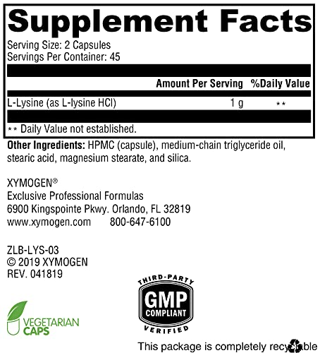 Xymogen L-Lysine 1000Mg Capsules - Amino Acid Supplement To Support Synthesis Of Collagen, Provides Balance To A High Intake Of Arginine (90 Capsules) #TOP3