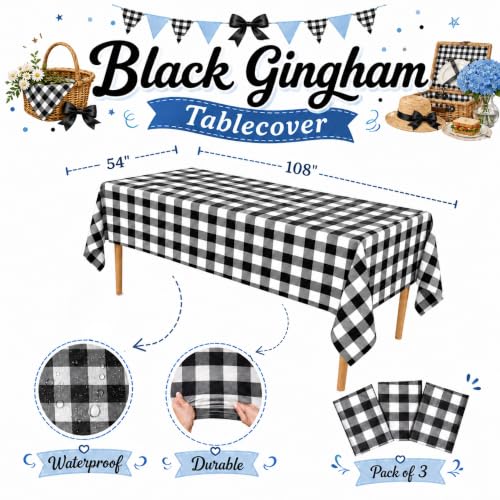 Image of Blue Orchards Black Gingham Table Cover (Pack of 3 with 20 Glue dots) - 54 inchx108 inch XL - Black and White Buffalo Checkered Picnic Plastic Tablecloth, Camping Decoration, Outdoor Birthday Party Supplies