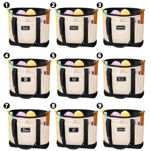 Image of Personalized Crochet Bag with Custom Leather Patch or Embroidered Name, Canvas Knitting Tote for Yarn Storage, Crochet Organizer with Multiple Pockets, Custom Gift for Crocheters & Knitters