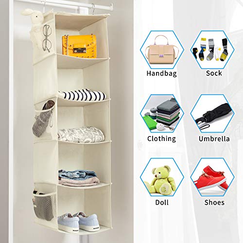 Image of BrilliantJo Hanging Storage with 5 Shelf Set of 1 Wardrobe Closet Organiser, Storage Rack Unit with 6 Pockets for Clothes - Grey(12 x 12 x 43 inch) (Beige, 5-Shelves)
