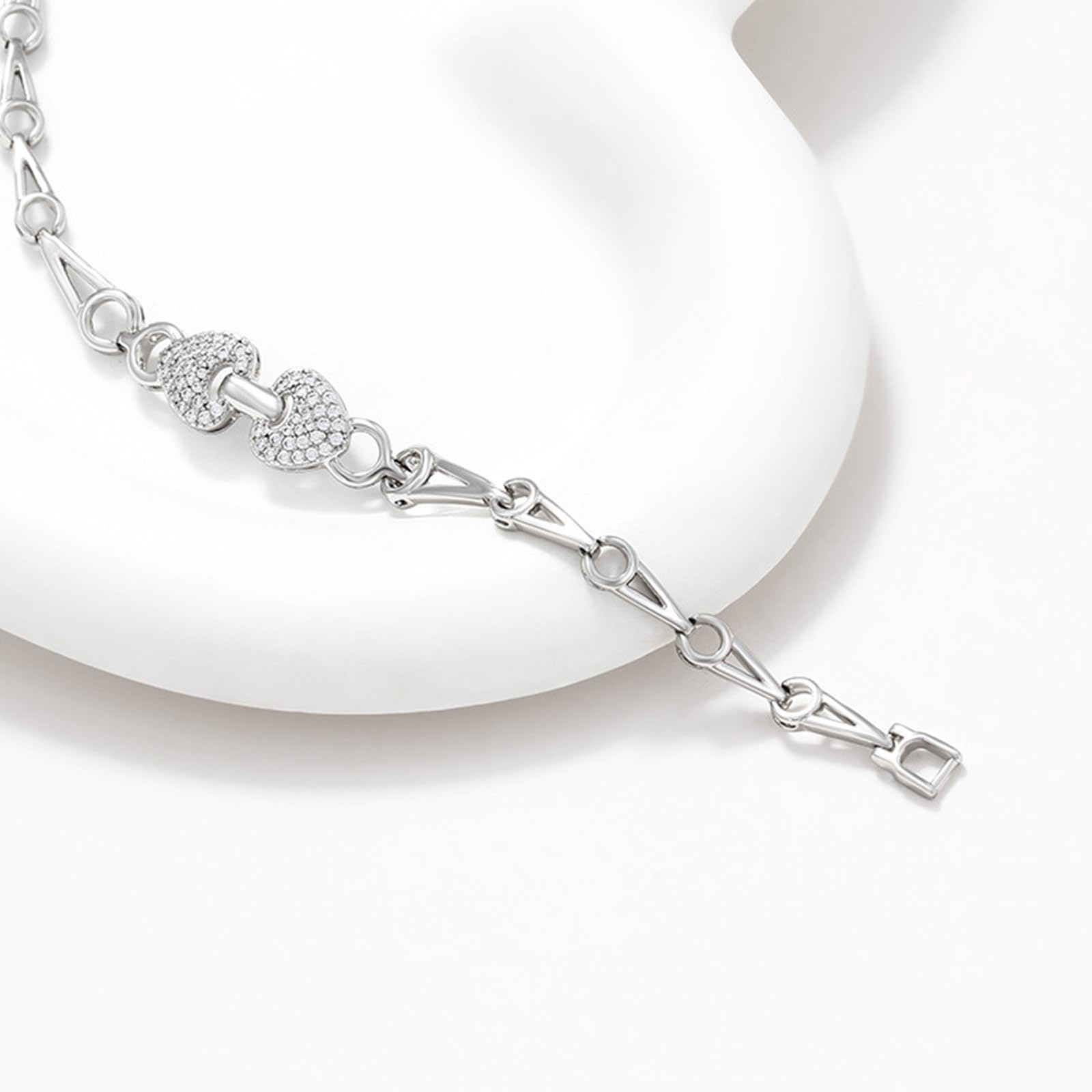 PT950 - Bracciale in vero oro 18 carati, con moissanite, doppio cuore, platino, Oro bianco 9 carati (375), Moissanite