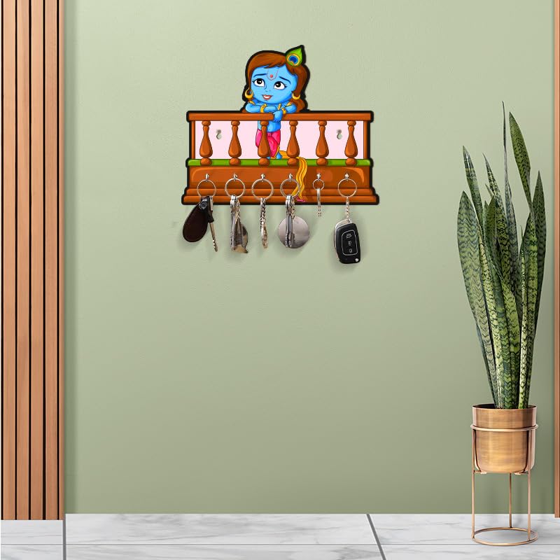 Image of Decorative Krishna in Gallery Acrylic Key Holder for Home Decor Key Hangers Keychain Holder & Key Holder for Wall | No Drilling Required | with 2 Strong Sticker Hooks