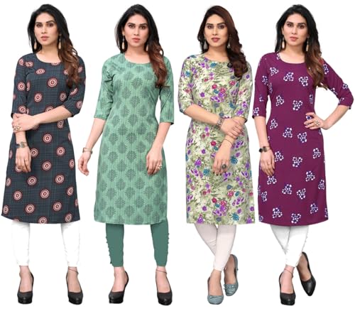 Image of JAKHANA Women's Crepe Printed Casual Straight Calf Length Round Nick Kurta Pack of 4