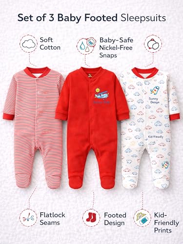Image of Kidbee Baby Boys & Girls Full Sleeves Cotton Footed Romper Sleepsuit Pack of 3