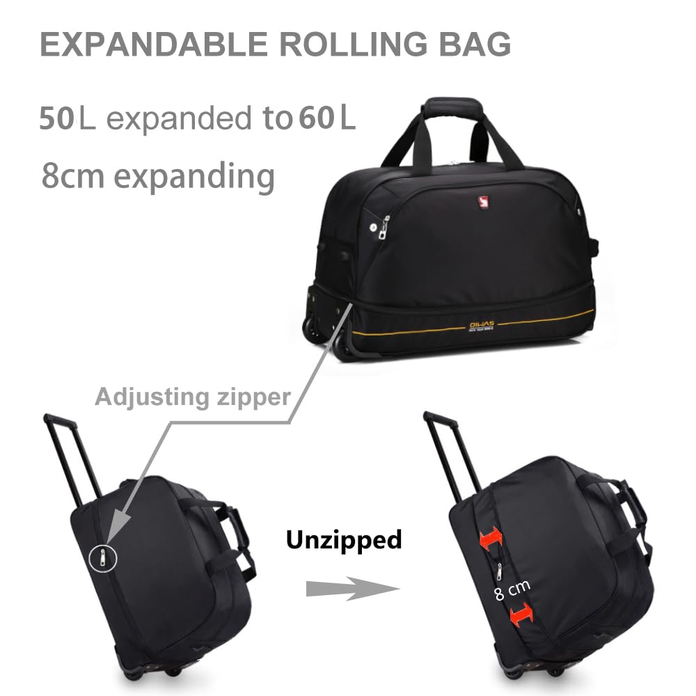OIWAS Reisetasche mit Rollen kleine 45L Plus 10L Unisex Trolleyfunktion Tasche erweiterbares Business Trolley Handgepäck Damen und Herren Schwarz