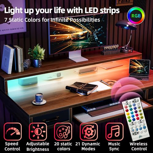 Image of TIQLAB Standing Desk with Two Drawers, Stand Up Standing Desk Adjustable Height, Electric Sit Stand Table with Storage Shelf and Splice Board, with LED Light, 55 * 28 inch, Black Walnut
