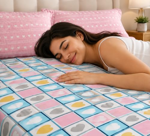 Image of RD TREND Premium Elastic Fitted Bedsheet for Double Bed King Size(78x72x8 Inches) with 2 Pillow Covers Size (18x28 Inches) Color- Pink Heart