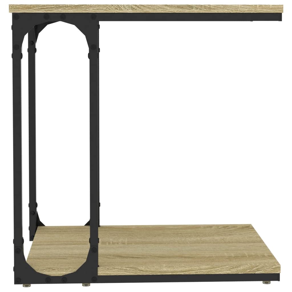 Mesa auxiliar de roble Sonoma, 50 x 35 x 52 cm, mesa de centro en forma de C, ahorra espacio, mesa de sofá de diseño industrial con estructura de metal y estante para salón
