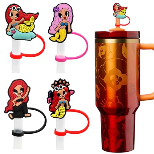 Amreich Straw Cover 4 PCs Straw Toppers for Stanley Cup 30oz & 40oz Tumbler with Handle Mermaid Design Silicon Straws Caps for 10mm Straws Accessories