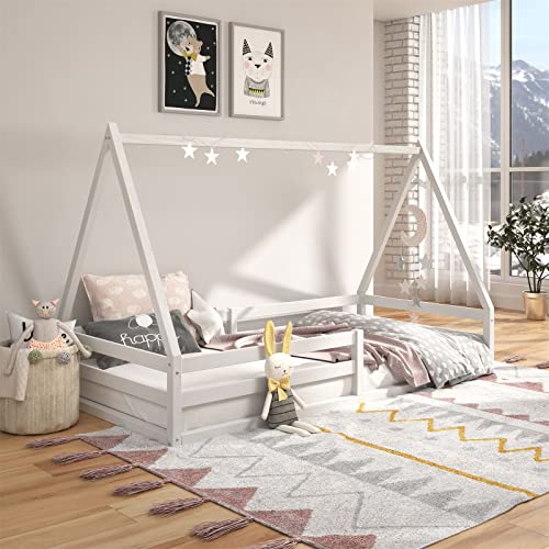 IDIMEX Hausbett SILA aus massiver Kiefer, schönes Montessori Bett in 90 x 200 cm, stabiles Kinderbett mit Rausfallschutz und Dach in weiß – Bild 3