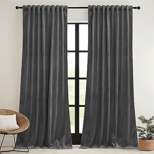 Image of RYB HOME Grey Velvet Curtains 90 inches - Super Soft Blackout Curtains Thermal Insulated Drapes Heat Block Room Darkening Panels for Bedroom /Studio, Wide 52 x Long 90, Grey, 2 Panels | Thermal Insulated, UV Privacy Blocking, Energy Efficient, Noise Reducing, Back Tab, Guest Room Office, W 52 x L 90, 2 Panels