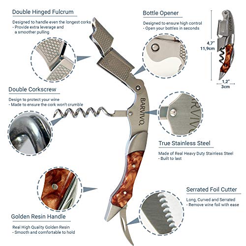 Professional Waiters Corkscrew by Barvivo - This Bottle Opener for Beer and Wine Bottles is Used by Waiters, Sommelier and Bartenders Around the World. Made of Stainless Steel and Gold Resin. - Thumbnail 6