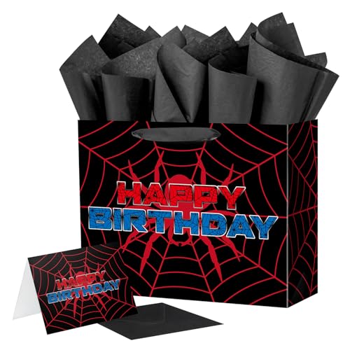 Ranfashiong Black Large 13 Kids Birthday Gift Bag with Tissue Paper and Card Red Spider Webs Wrapping for Boys Girls Halloween Party Decor