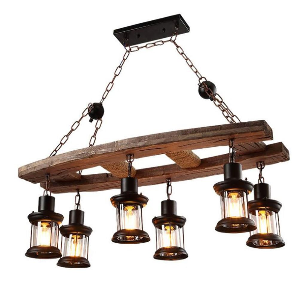 Bloohk One Color Industrial Wood Ladder Chandelier, 6-Light Rustic Farmhouse Pendant Lighting With Lantern Shades For Kitchen Island, Dining Room, Bar, Wood Beam Fixture