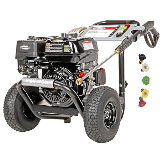 SIMPSON Cleaning PS3228 PowerShot 3300 PSI Gas Pressure Washer, 2.5 GPM, Honda GX200 Engine, Includes Spray Gun and Extension Wand, 5 QC Nozzle Tips, 5/16-inch x 25-foot MorFlex Hose, 49-State