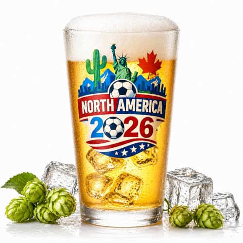 For 2026 World Cup Beer Glass Thick Heavy Pint Glass for Football Fans Fathers Day Gift for Dad Husband Boyfriend Soccer Trophy Style Drinking Glass for Game Day Parties and Collectors(18OZ)