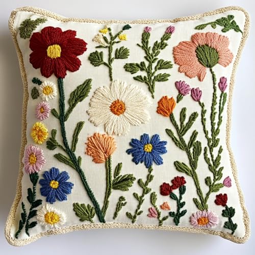 DIY Punch Needle Pillow Kit Wild Flowers with Pattern and Hoop Handmade Embroidery Punch Needle...