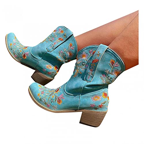 Hbeylia Cowboy Boots For Women Vintage Embroidery Pointed Toe Chunky Mid-Heels Western Cowgirls Boots Retro Slip On Wide Mid Calf Boots Riding Knight Ankle Booties