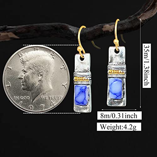 Unique Handmade Bohemian Enamel Vintage Matt Silver Bar Dangle Earrings Chic Round Blue Gemstone Geometric Square Drop Earrings for Women Statement Jewelry (Silver)2
