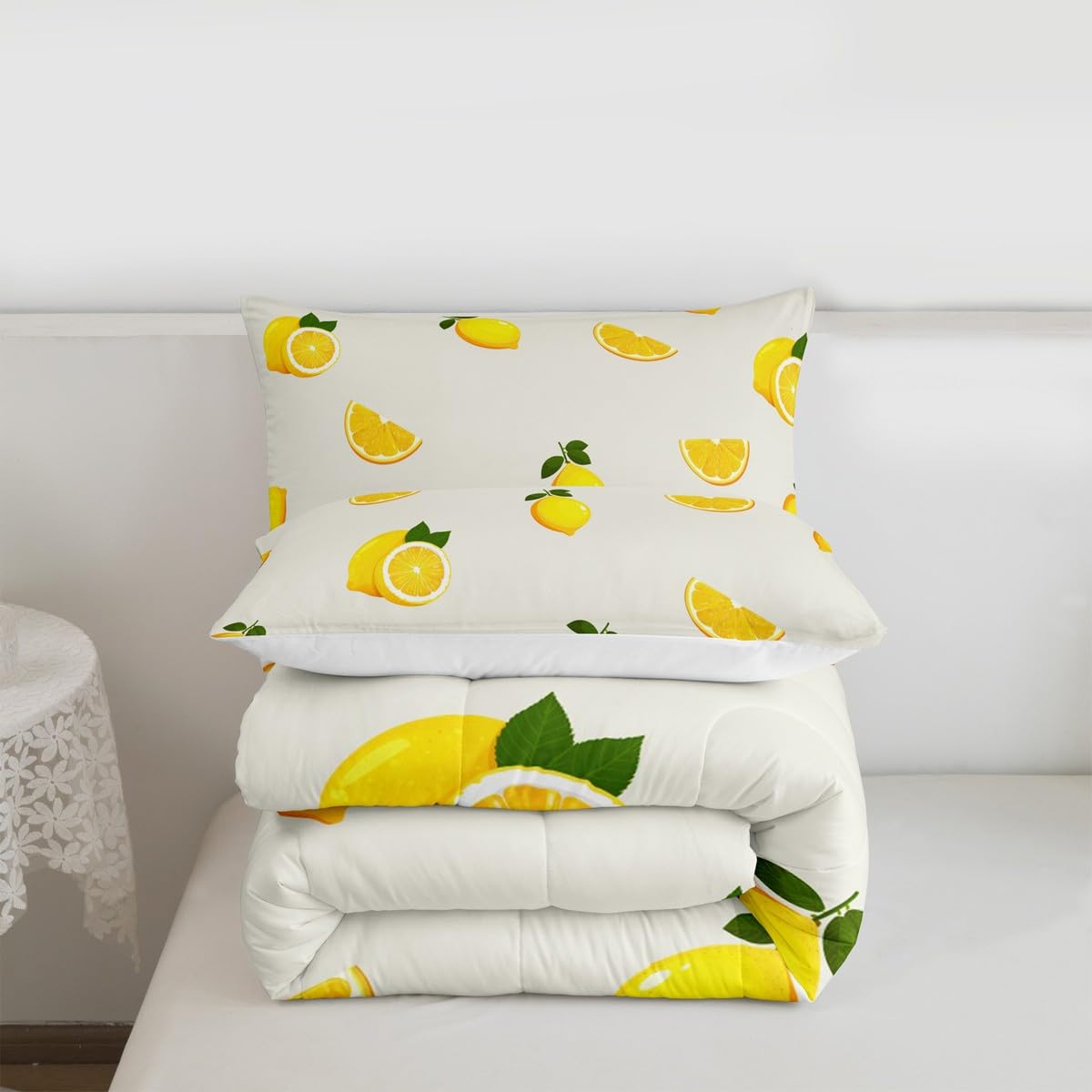 Bettwäsche-Set mit Zitronenmuster, Queen-Size-Größe, gelber Obstdruck, für Kinder, junger Mann, kühles Sommer-Bettwäsche-Set für Teenager, Kinderzimmer, Dekoration, Cartoon-Zitrone, gestepptes