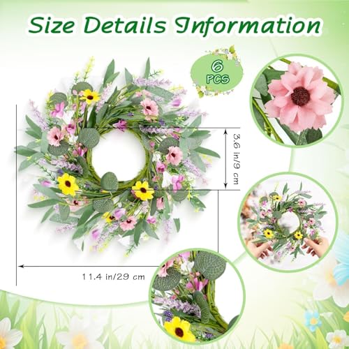 Image of 6 Pcs Spring Summer Artificial Flowered Wreath Mini Floral Wedding Candle Rings Wreaths 3inch Kitchen Cabinet Swags Wreath Pillar Candle Holder for Wedding Spring Summer Home Door Tabletop Decoration