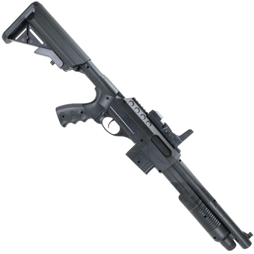 Softair Pumpgun 6 mm < 0,5 J - Federdruck Schrotflinte mit 100-Schuss Magazin, Spielzeug Airsoft Gewehr 67cm, ab 14 Jahren Erbsen Pistole schwarz manuell Einzelschuss