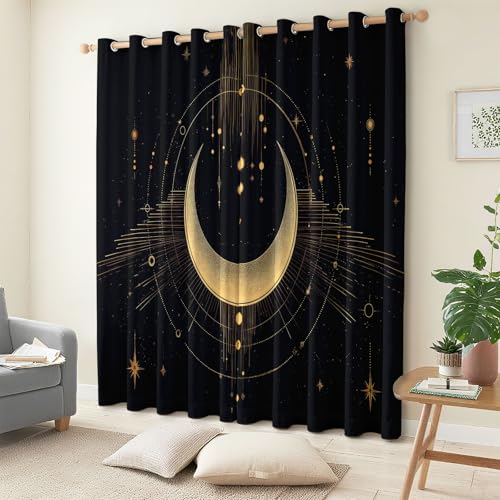 Générique Rideau Occultant Fantaisie Univers Ciel Étoilé Lune, Lot de 2 Rideaux Thermique Isolant à Oeillets 75 X 166 cm (L x H), Drapés Noir pour...