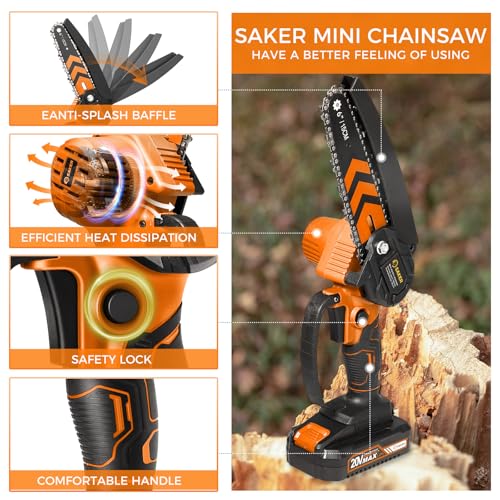Image of Saker Mini Chainsaw,6 Inch Portable Electric Chainsaw Cordless, Small Handheld Chain saw for Tree Branches,Courtyard, Household and Garden(SK1806D-O)