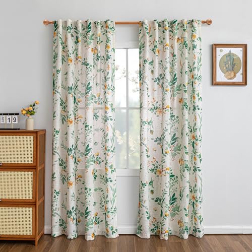 Image of MYSKY HOME Linen Floral Curtains 84 Inches Long 2 Pcs Sage Green Semi Sheer | Light Filtering Privacy Protect Curtains for Bedroom Farmhouse Style Decorative Drapes Back Tab for Home, 50 inch Wide Each Panel