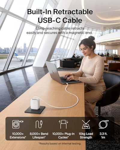 Image of Belkin 67W GaN USB C Retractable Charger Block Fast Charging for Travel | 3.3ft Retractable Cable, USB C Port, iPhone 17, Galaxy S26, AirPods, iPads, MacBook, Travel Charger, Charge Up to 2 Devices