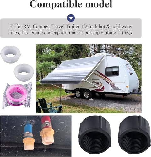 Image of 2 Pcs Black Plastic Low Point Drain Seals /Caps w /Sealing Ring & Teflon Tape | Fits RV, Camper, Travel Trailer 1 /2 Inch Hot & Cold Water Lines, Fit for Pex Pipe /Tubing Fittings, RV Accessories / Fittings