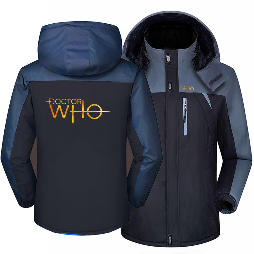 Sidhu Men's Black Waterproof Fleece-Lined Ski Jacket For Doctor Who Full Zip Mountain Jacket With Detachable Hood Patchwork Parka Windbreaker Graphic Outerwear Hiking Walking Outdoor Coat,-3Xl