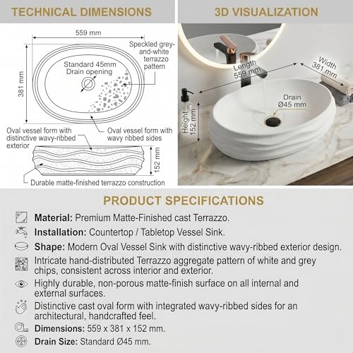 Image of BASSINO 22x15x6 Inches Ceramic Table Top Washbasin /White Terrazzo Luxury Countertop Sink /Modern Basin for Home,Living Room,Dining Hall /Designer Oval Shape Wash Basin for Bathroom with Wave(Matte)