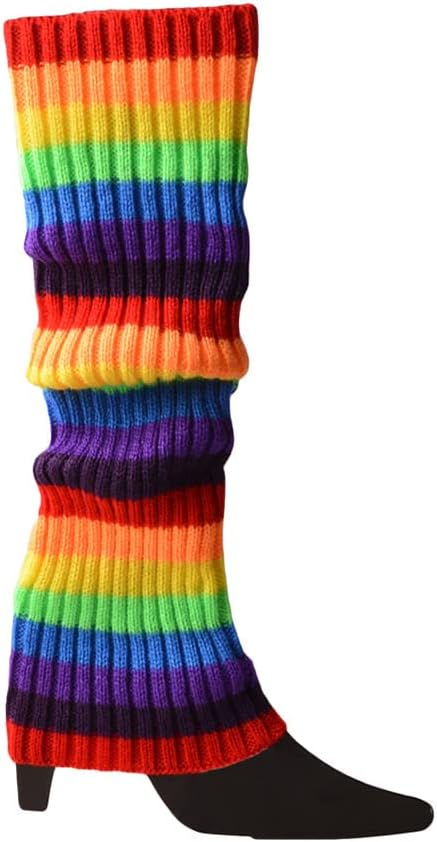 Women Winter Ribbed Knit Leg Warmers Rainbow Colorful Striped Boot Cuffs Ballet Dance Long Socks 80s Costume