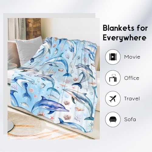Dolphin Blanket for Girls Boys, Cute Soft Gifts for Ocean Lovers, Cozy Flannel Throw for Bed Travel, 50"x60"
