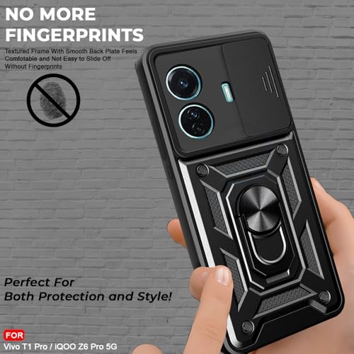 Image of AESTMO Polycarbonate Tough Armor Vivo T1 Pro 5G / Iqoo Z6 Pro 5G Bumper Back Case Cover|Ring Holder & Sliding Camera Shield Cover|360 Degree Protection Back Case Cover for Vivo T1 Pro 5G (Black)